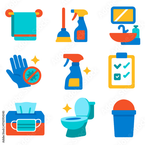 Home Hygiene Icons. Flat vector icons of home hygiene and sanitation: towel folded on rack, bathroom cleaning tools, sink area