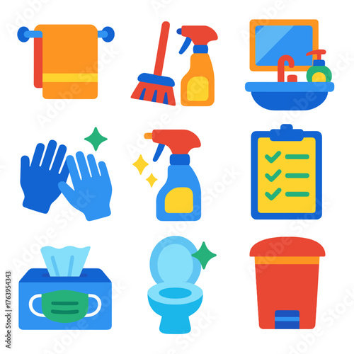 Home Hygiene Icons. Flat vector icons of home hygiene and sanitation: towel folded on rack, bathroom cleaning tools, sink area