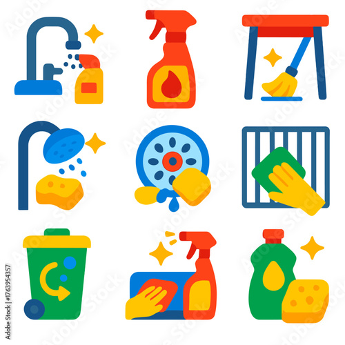 Bold Cleaning Icons. Flat vector icons of bathroom and kitchen cleaning: removing limescale from faucet, grease remover bottle,