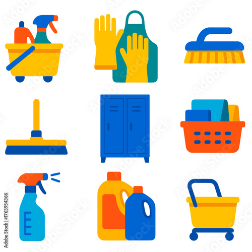 Bright Janitorial Icons. Flat vector icons of janitorial equipment and tools: restroom cleaning kit, industrial gloves and apron,