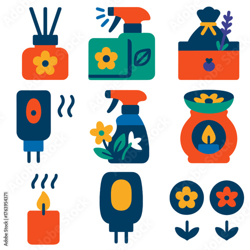 Vibrant Home Fragrance Icons. Flat vector icons of home fragrance and air freshening: diffuser with essential oils set, spray
