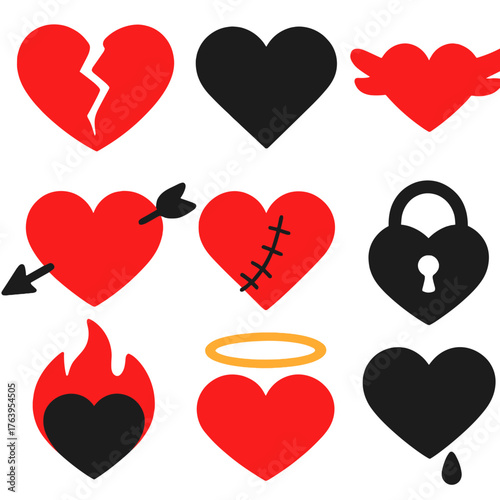 Minimalist Heart Icons. Flat vector icons of black and red hearts: broken red heart, solid black heart, red heart with wings. Red