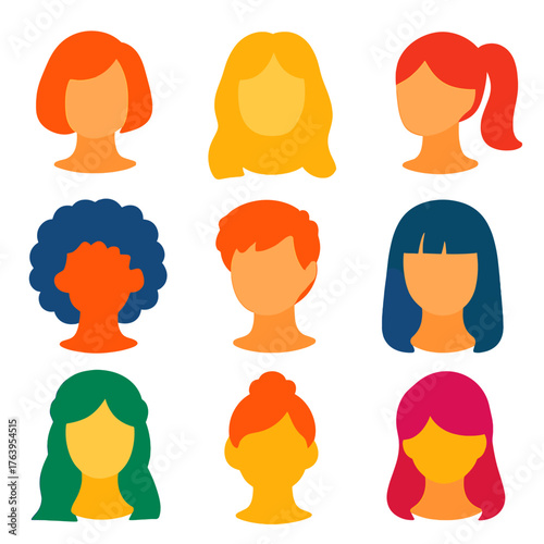 Vibrant Hairstyles Icons. Flat vector icons of women hairstyles: short bob cut, long wavy hair, classic ponytail. Afro curls,