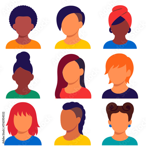 Women's Hair Icons. Flat vector icons of women hairstyles: mini afro, edgy undercut, layered pixie. Headwrap style, jumbo twist