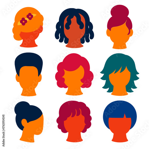 Vibrant Hair Icons. Flat vector icons of women hairstyles: floral braid updo, curl-styled locs, elegant puffed twist. Tapered afro