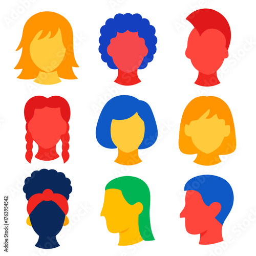Stylish Hair Icons. Flat vector icons of women hairstyles: layered razor cut, tight ringlets, sculpted mohawk. Double french