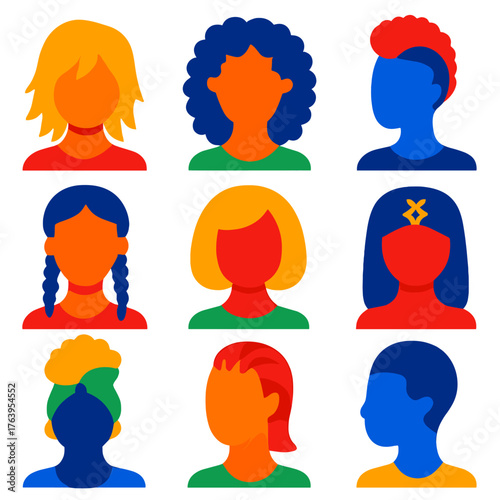 Stylish Hair Icons. Flat vector icons of women hairstyles: layered razor cut, tight ringlets, sculpted mohawk. Double french