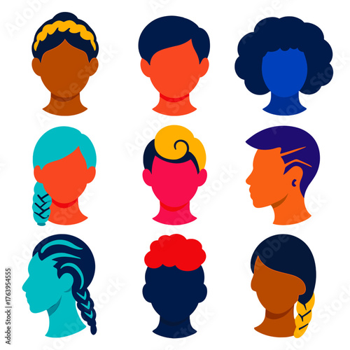 Modern Women Hairstyles. Flat vector icons of women hairstyles: halo braid with bun, sleek combed pixie, natural fluffy bob.
