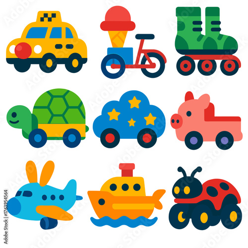 Whimsical Transport Icons. Flat vector icons of transport in cartoon style: clown-nose taxi, ice cream bicycle, watermelon
