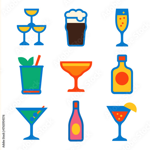 Bold Alcohol Icons. Flat vector icons of alcohol drink: classic champagne tower, dark beer pint with foam, prosecco flute with