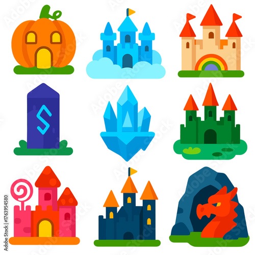 Vibrant Fantasy Castles. Flat vector icons of castles cartoon: pumpkin-shaped castle, soft cloud kingdom, cartoon castle with