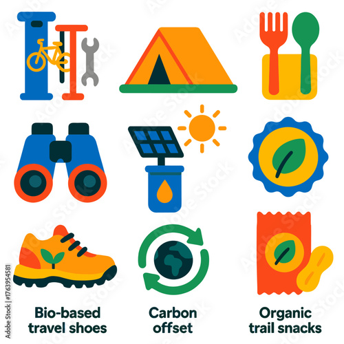 Eco Travel Icons. Flat vector icons of sustainable travel and eco tourism: bike repair station, low-impact tent, reusable utensils