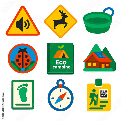 Sustainable Travel Icons. Flat vector icons of sustainable travel and eco tourism: noise pollution warning sign, wildlife crossing