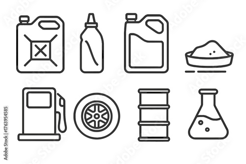Petroleum Product Icons. Line style icons of Petroleum Products: Gasoline Can, Lubricant Bottle, Plastic Container, Asphalt, Fuel