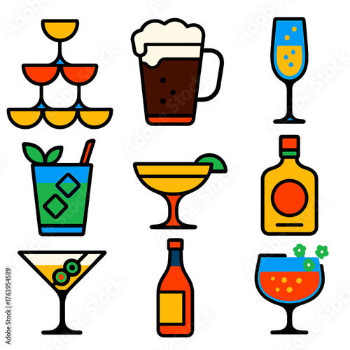Bold Alcohol Icons. Flat vector icons of alcohol drink: classic champagne tower, dark beer pint with foam, prosecco flute with