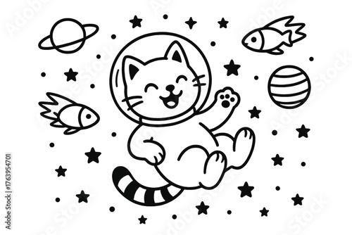 Cosmic Cat Adventure. A playful space cat floating with a helmet in zero gravity surrounded by stars, planets, and fish-shaped