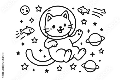 Cosmic Cat Adventure. A playful space cat floating with a helmet in zero gravity surrounded by stars, planets, and fish-shaped
