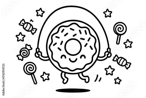 Playful Donut Jumping. Happy donut with sprinkles playing jump rope with candies, lollipops, and stars in the background, black