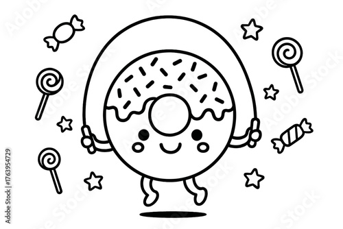 Playful Donut Jumping. Happy donut with sprinkles playing jump rope with candies, lollipops, and stars in the background, black