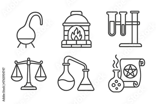 Esoteric Lab Icons. Line style icons of Esoteric Laboratory: Retort, Furnace, Flask, Glass Tubes, Weighing Scales, Alembic,