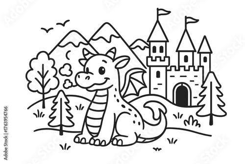 Dragon Near Castle. Friendly dragon blowing tiny puffs of smoke while sitting near a castle with mountains, trees, and birds,