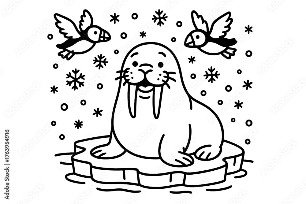 Fototapeta premium Cheerful Walrus Scene. Cheerful walrus sitting on ice with big tusks, puffins flying, and snowflakes falling, black and white line