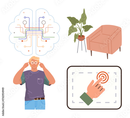 Circuit brain network, man adjusting glasses, hand tapping screen interface, modern chair, leafy plant. Ideal for technology, design, mindfulness, innovation comfort lifestyle usability themes