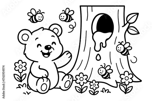 Bear Cub with Bees. Smiling bear cub playing with bees near a hollow tree, flowers, and honey dripping, black and white line art,