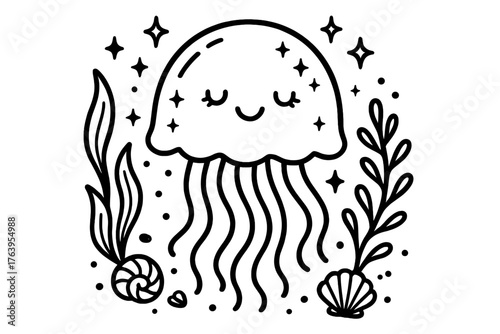 Whimsical Jellyfish Illustration. Whimsical jellyfish glowing softly with sparkles, shells, and sea plants waving, black and white
