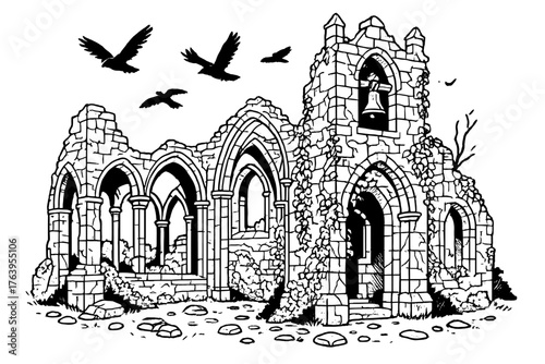 Gothic Monastery Ruins. Ruined gothic monastery with cracked stone walls, ivy crawling, and crows flying over a broken bell tower,