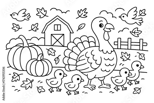 Farmyard Turkey Parade. Smiling turkey with poults walking in a farmyard with pumpkins, leaves, and birds flying, black and white