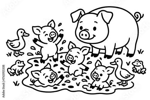 Piglets in Puddle. Playful piglets splashing in a muddy puddle while the mother pig watches, with ducks and frogs nearby, black