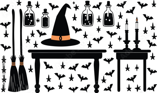 Spooky Halloween Witch Decor: Witch Hat, Broom, Candles, Potions, Bats - Ultimate Haunted Party Setup Ideas 2025