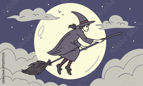 Enchanted Witch Flying on Broom Under Full Moon - Spooky 2025 Halloween Night Scene Decor Ideas