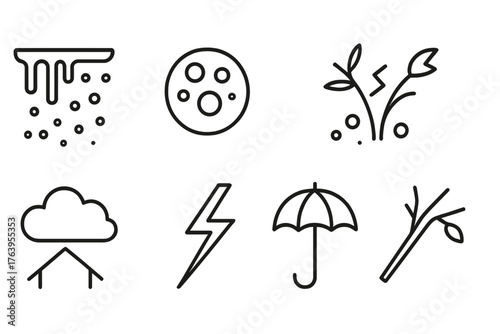 Ice Storm Icons. Line style icons of Ice Storm: Ice Accumulation, Hailstone, Damaged Crop, Shelter, Cloud, Lightning, Umbrella,