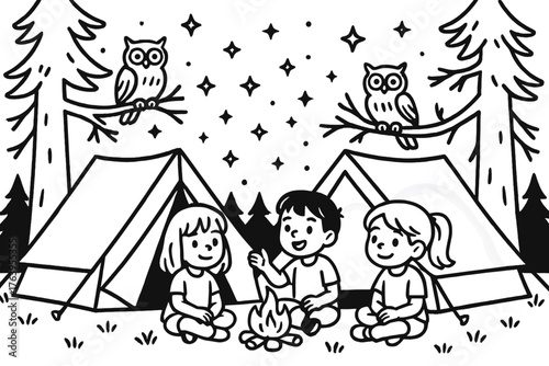 Enchanted Camping Night. Enchanted night camping scene with tents glowing, children telling stories, owls, and stars sparkling,