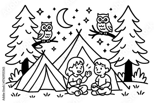Enchanted Camping Night. Enchanted night camping scene with tents glowing, children telling stories, owls, and stars sparkling,