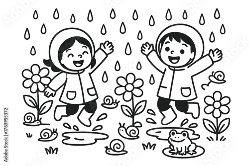 Raindrop Playtime Scene. Playful raindrops falling on flowers with frogs, snails, and children jumping in puddles, black and white