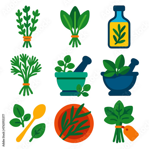 Culinary Herb Icons. Flat vector icons of culinary herbs: thyme drying bundle, sage tied with twine, rosemary infused olive oil
