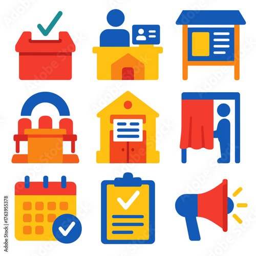 Civic Engagement Icons. Flat vector icons of civic and voting spaces: ballot box with checkmark, voter ID station, community info