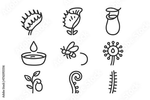 Carnivorous Plant Icons. Line style icons of Carnivorous Plant: Trap Leaf, Venus Flytrap, Pitcher Plant, Digestive Fluid, Lured