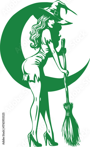 Green Line Art Witch with Broom and Crescent Moon on White Background halloween night