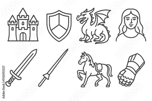 Knight's Quest Icons. Line style icons of Knight's Quest: Distant Castle, Shield, Dragon, Fair Maiden, Sword, Lance, Horse, Armor