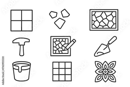 Mosaic Art Essentials. Line style icons of Mosaic Art: Tile, Smalti, Mosaic Panel, Hammer, Design Sketch, Trowel, Grout, Pattern,