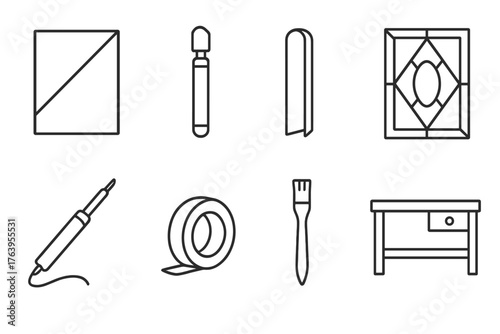 Stained Glass Workshop Icons. Line style icons of Stained Glass Workshop: Glass Sheet, Glass Cutter, Lead Channel, Pattern,