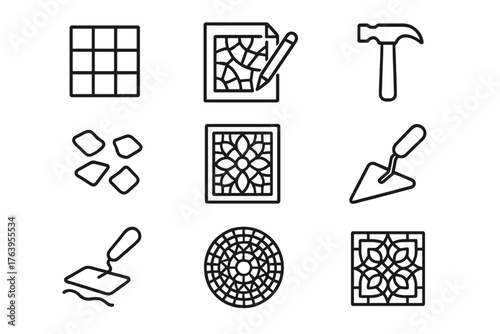 Mosaic Art Essentials. Line style icons of Mosaic Art: Tile, Design Sketch, Hammer, Smalti, Mosaic Panel, Trowel, Grout, Pattern,