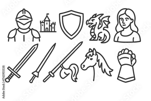 Knight's Quest Icons. Line style icons of Knight's Quest: Distant Castle, Shield, Dragon, Fair Maiden, Sword, Lance, Horse, Armor