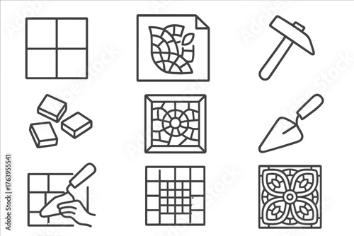Mosaic Art Essentials. Line style icons of Mosaic Art: Tile, Design Sketch, Hammer, Smalti, Mosaic Panel, Trowel, Grout, Pattern,
