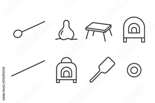 Glassblowing Tools Icons. Line style icons of Glassblowing: Blowpipe, Molten Glass, Marver, Annealing Oven, Pontil, Furnace,