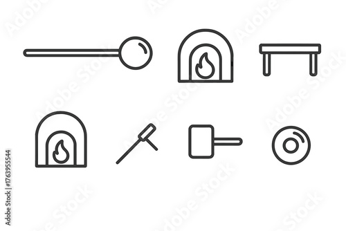 Glassblowing Tools Icons. Line style icons of Glassblowing: Blowpipe, Molten Glass, Furnace, Marver, Annealing Oven, Pontil,